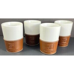 Holiday Inn Cup Set of 4 Faux Leather Embossed White Ceramic Hotel Travel 4"H